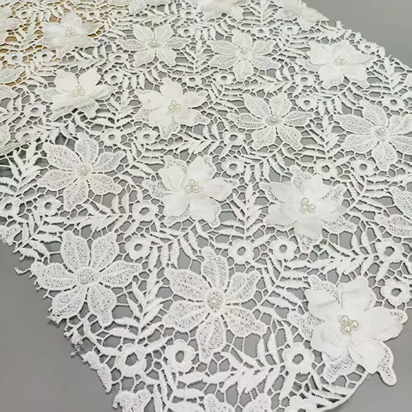 3D Floral Lace Guipure Fabrls Pearls Water Solable Cord Terbroidery Guipure Ambore