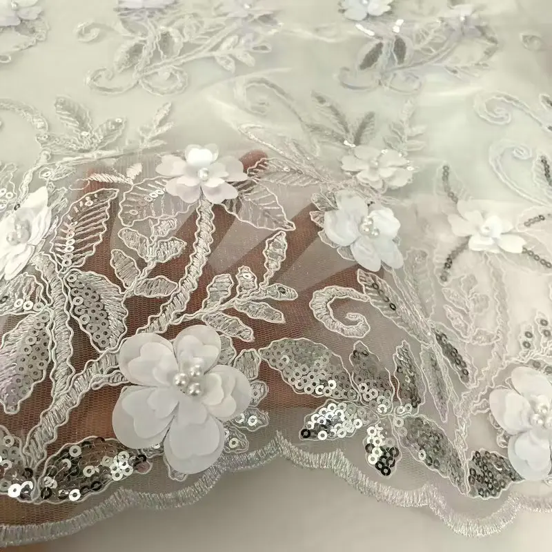 Wholesale Beautiful 3d Flower Beaded Cheap Textile Embroidery Fabric Swiss Voile Lace Trim 2021
