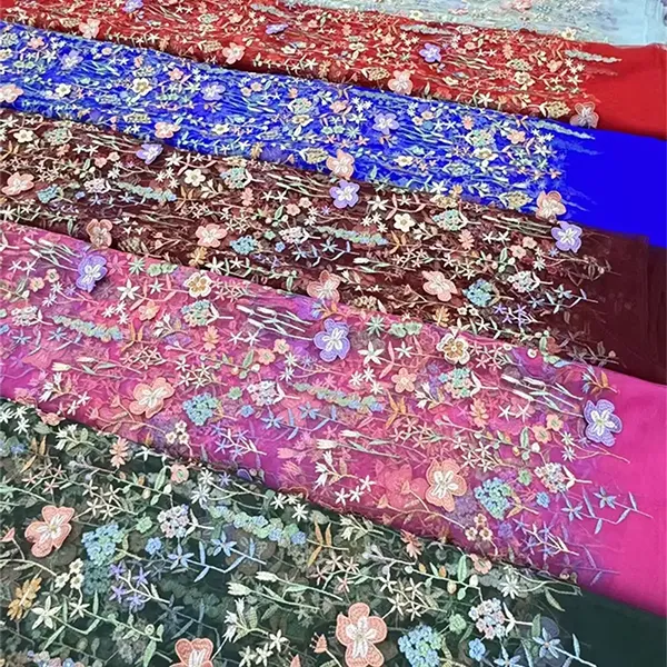 Vintage Multi Color Embroidery Mesh Lace Fabric For Dresses