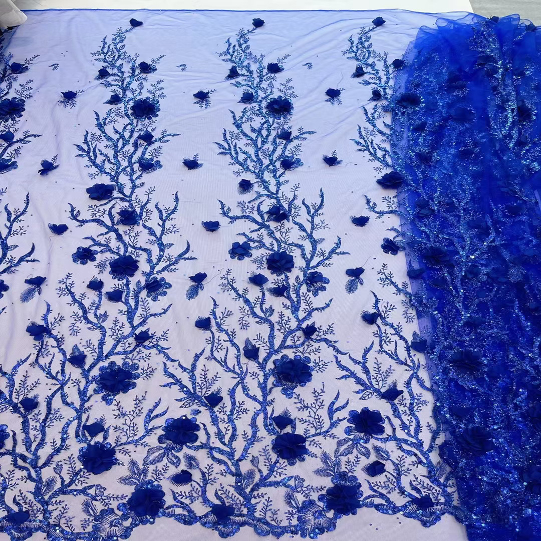 Bead Lace 2024 Mesh 3d Embroidered Applique Flower Embroidery Tulle Fabric